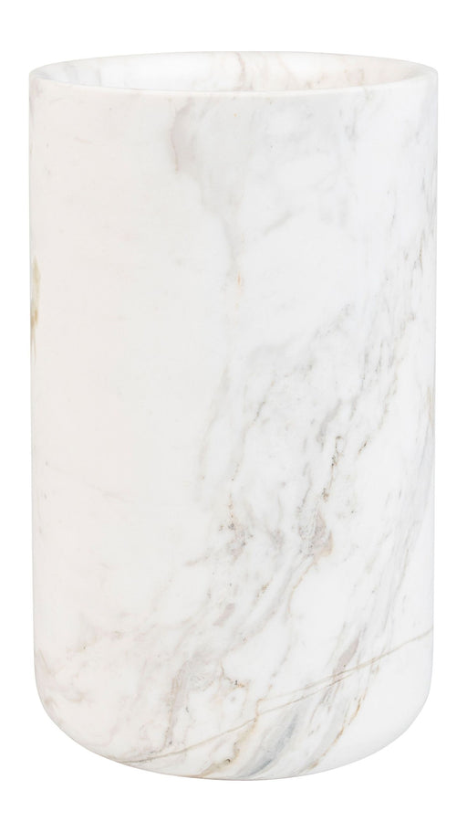 Marmorvase Fajen Marble White aus weißem Marmor in Gesamtansicht mit charakteristischen Aderungen.