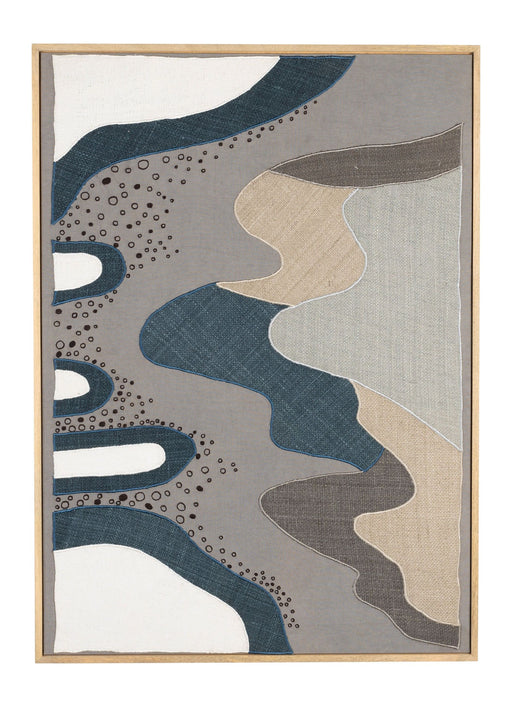 Wandbild Coastal mit abstraktem Küsten-Motiv in Blau-, Beige- und Grautönen, Mangoholzrahmen.