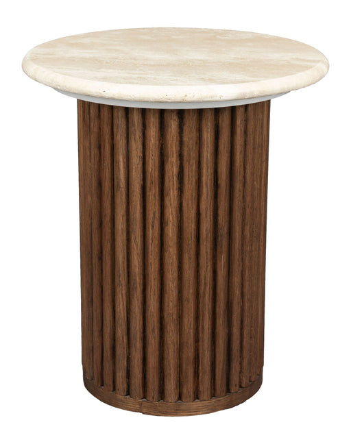 Beistelltisch Arda mit runder Marmorplatte in Beige und geriffeltem Eichenholz-Gestell in Walnuss, Gesamtansicht.