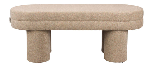 Polsterbank Fern Beige mit gerundeter Sitzfläche und zwei zylindrischen Beinen, Gesamtansicht.