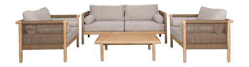 Gartenmöbel-Set Oasis in Gesamtansicht mit Sofa, zwei Loungesesseln und Couchtisch aus Akazienholz.