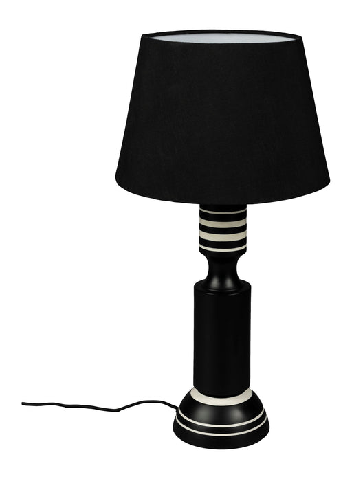 Tischlampe Virgil Dutchbone im Vintage-Look mit schwarzem kegelförmigem Leinenschirm und gestreiftem Fuß in Gesamtansicht.
