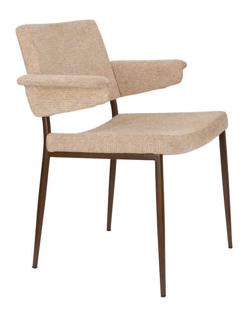 Sessel Portland im 2er-Set mit beigem Polsterbezug und braunem Stahlgestell in Gesamtansicht von vorne.