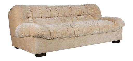 Sofa Douglas Beige 3-Sitzer in Gesamtansicht mit gerafftem Bezug und Gummibaum-Holzfüßen.