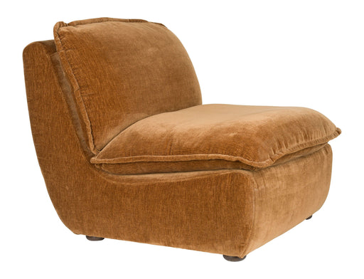 Loungesessel Radley Cognac in Braun mit Samtbezug, Gesamtansicht von vorne.