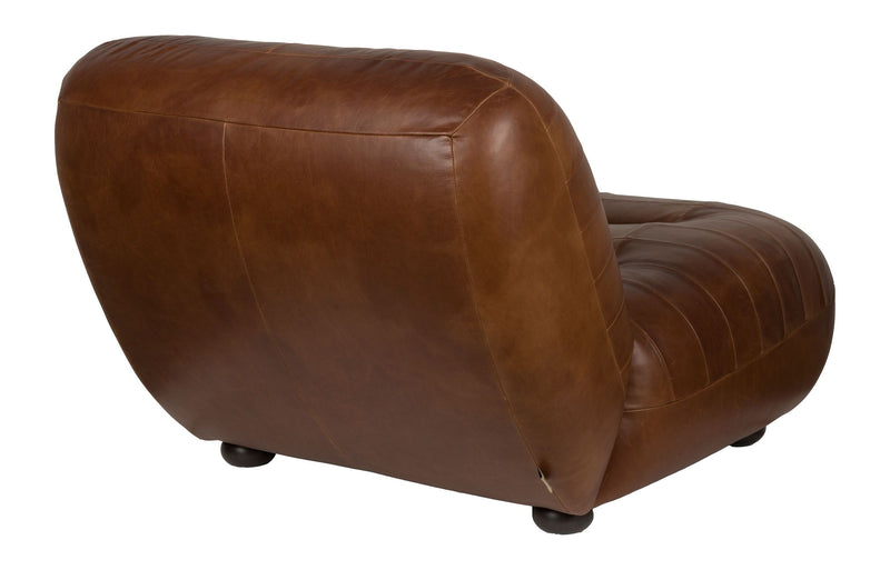 Loungesessel Wyatt aus Leder in Schokobraun mit runden Holzbeinen