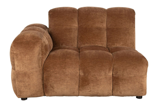 Sofa-Element Hackman mit linker Armlehne in Cognac-Velours, Gesamtansicht von vorne.