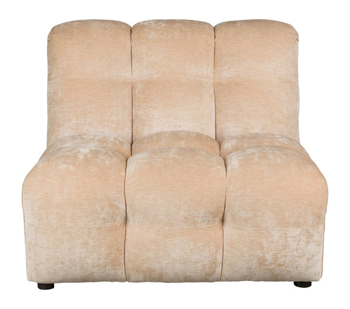 Sofa-Element Hackman No Arm in Beige Velours mit gepolsterten Seitenkissen, Frontansicht.