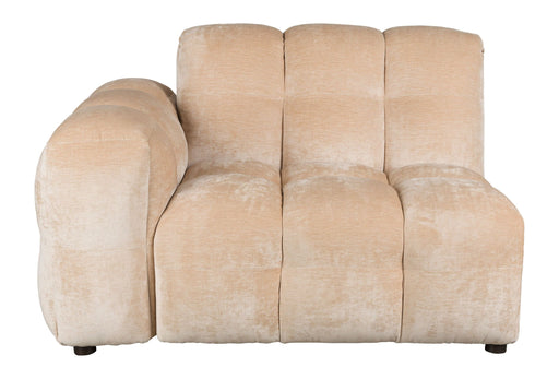 Sofa-Element Hackman mit Armlehne links in Velours Beige, Gesamtansicht von vorne mit gerundeten Polstern.