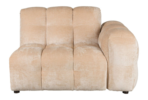Sofa-Element Hackman mit rechter Armlehne in Velours Beige, Gesamtansicht mit gepolsterten Seitenelementen.