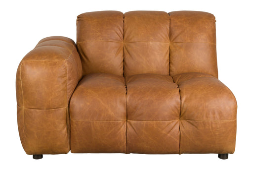 Sofa-Element Hackman mit Armlehne links in Cognac, Gesamtansicht mit Steppnähten.