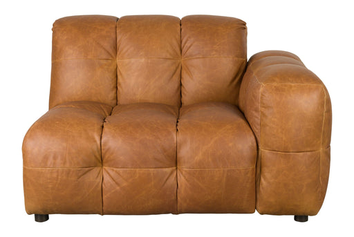 Sofa-Element Hackman mit rechter Armlehne in Cognac-Leder, Gesamtansicht mit Wabensteppung.
