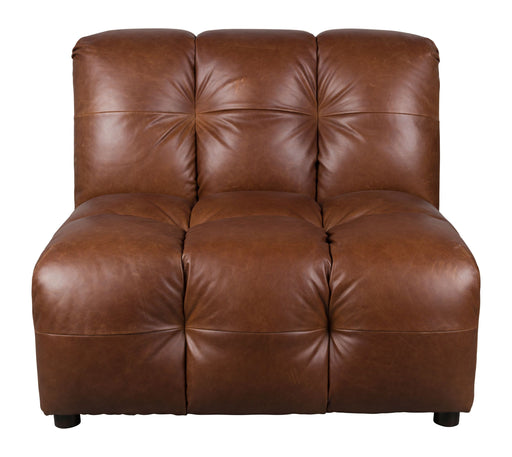 Modulares Sofa-Element Hackman ohne Armlehne in Schokobraun, Frontansicht mit gepolferten Sitzflächen und Rückenlehne.