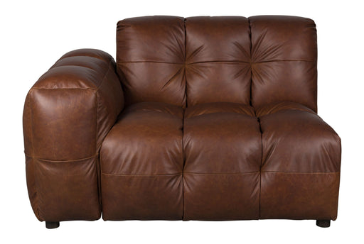 Sofa-Element Hackman mit linker Armlehne in Leder Chocolate, Gesamtansicht von vorne.
