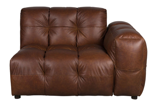 Sofa-Element Hackman mit Armlehne rechts in Leder Chocolate, Gesamtansicht von vorne mit quadratisch gesteppten Sitzflächen.