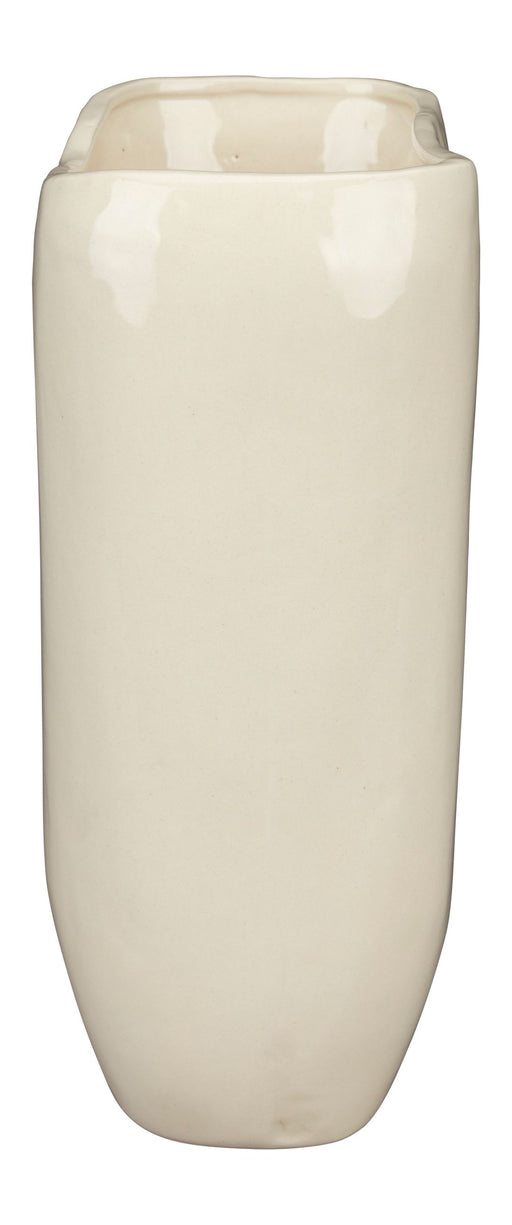 Gesamtansicht der Deko-Vase Edna M Beige mit zylindrischer Form und abgerundetem Boden aus Keramik.