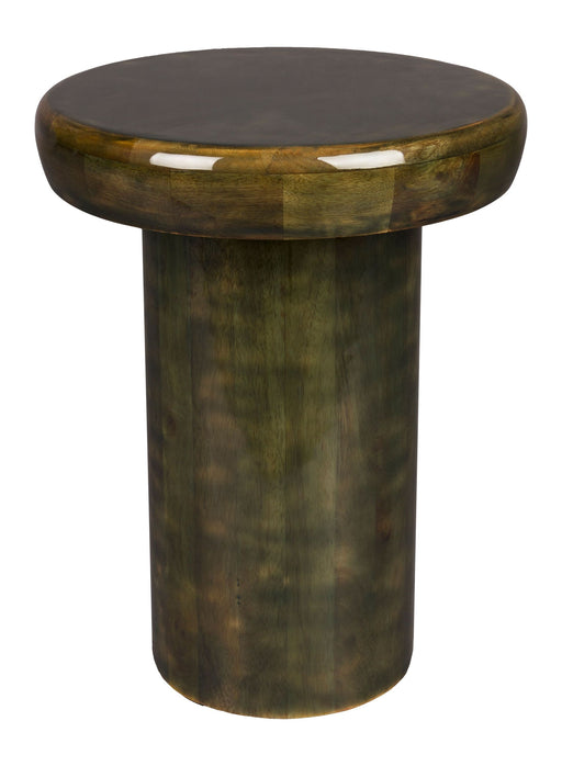 Beistelltisch Mush S aus Mangoholz in Grün mit rundem Design in Gesamtansicht von vorne.