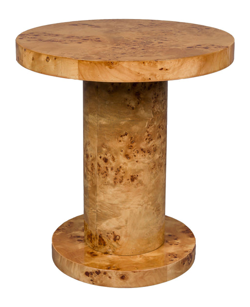Beistelltisch Quinn Natural aus Eukalyptus-Sperrholz mit runder Tischplatte und zylindrischem Gestell in Gesamtansicht.