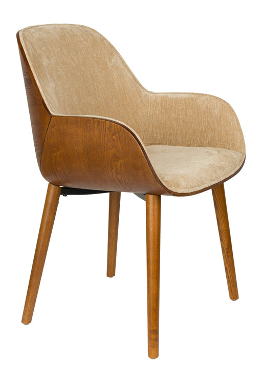 Sessel Taylor Beige mit geschwungenem Rückenlehnen-Design und Eschenholz-Gestell in Gesamtansicht.
