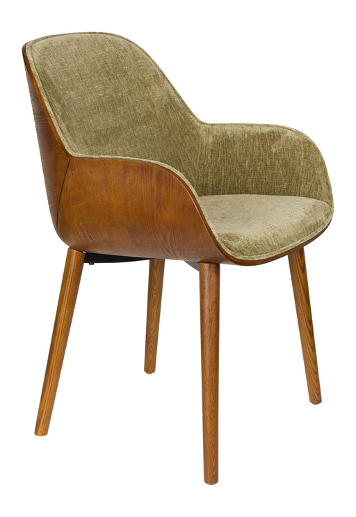 Sessel Taylor Green mit grünem Polsterbezug und geschwungener Rückenlehne aus Eschenholz in Gesamtansicht.