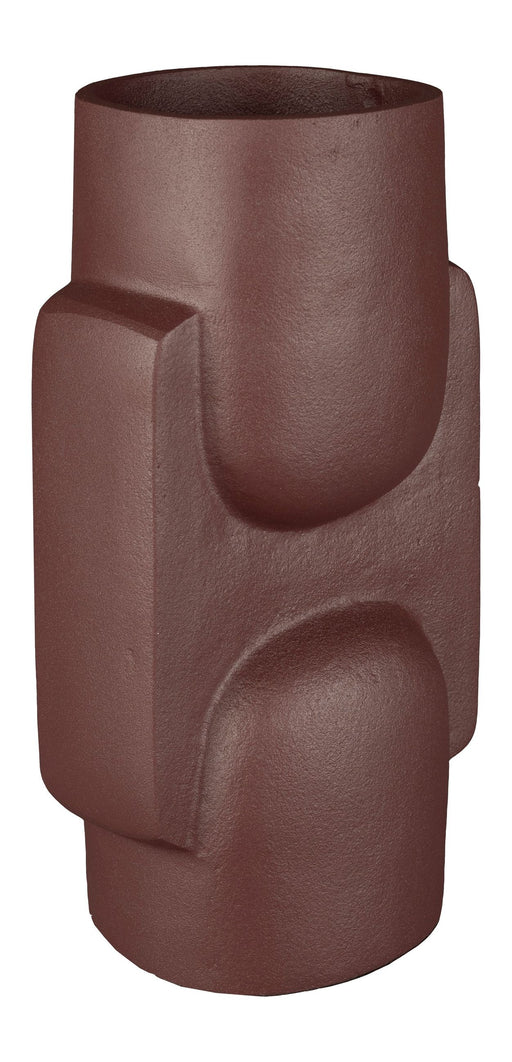 Deko-Vase Santos Bordeaux aus Aluminium mit abstrakten Reliefflächen in Gesamtansicht.