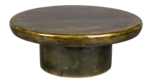 Couchtisch Mush 60 mit runder Mangoholz-Tischplatte und zylindrischem Gestell in Braun-Grün-Patina, Gesamtansicht.