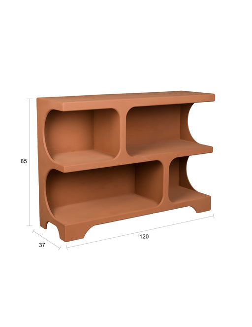 Regal Dundee M in Terracotta mit zwei offenen Fächern und ausgeschnittenen Seitenelementen, Gesamtansicht mit Dimensionen.