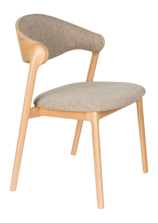 Esszimmerstuhl Babington mit geschwungenem Rückenlehnen-Design, Buchenholzgestell und graubeige gepolsterter Sitzfläche.