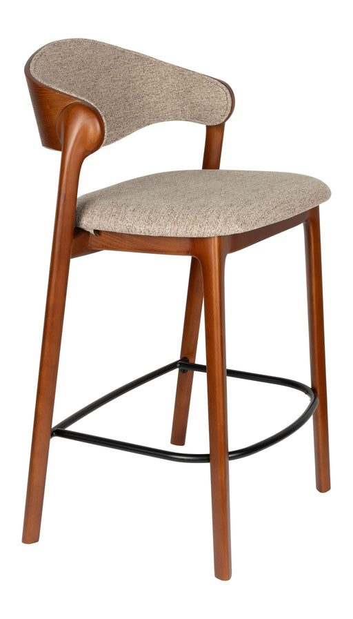 Barhocker Babington 2er-Set in Walnussfarben mit beigefarbener Polsterung und schwarzer Fußstütze, Gesamtansicht.