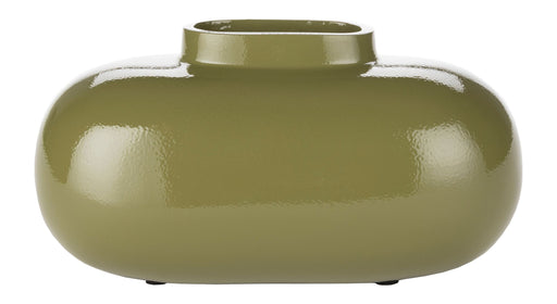 Gesamtansicht der Vase Droplet M Green Dutchbone mit bauchiger, abgeflachter Form in Grün und schmaler Öffnung.