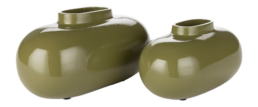 Gesamtansicht der Vase Droplet S Dutchbone Grün in glänzendem Grün mit zwei ovalen Größenvarianten nebeneinander.