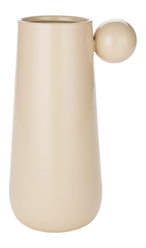 Vase Dot L in Beige mit kugelförmigem Griff an der Seite, Gesamtansicht.