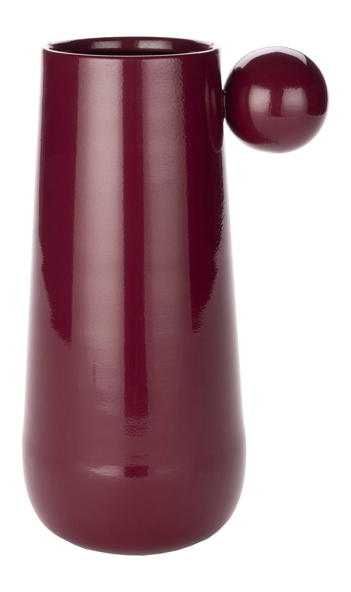 Dutchbone Vase Dot L Bordeaux in glänzender burgunderroter Farbe, Gesamtansicht mit kugelförmigem Griff an der Seite.