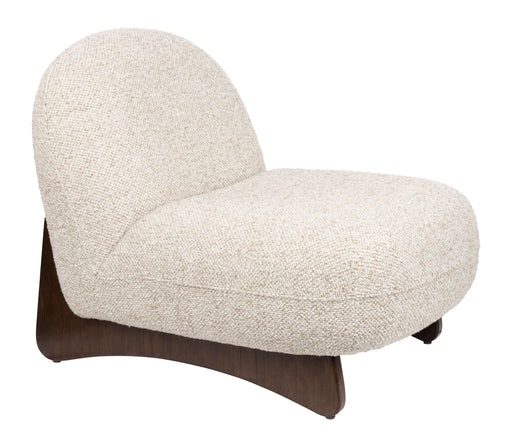 Loungesessel Loom Beige mit geschwungenem Eschenholz-Gestell in Seitenansicht.