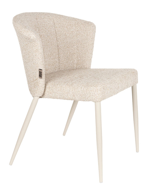 Esszimmerstuhl Georgia mit beige strukturiertem Bezug und beigefarbenem Metallgestell, Gesamtansicht von vorne.