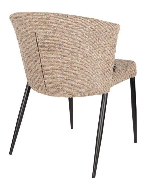 Esszimmerstuhl Georgia von hinten mit beige-braunem Samtbezug und schwarzen Metallbeinen.