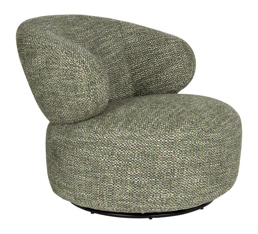 Loungesessel Walter in Grün mit gebogener Rückenlehne und rundem drehbarem Gestell, Gesamtansicht.