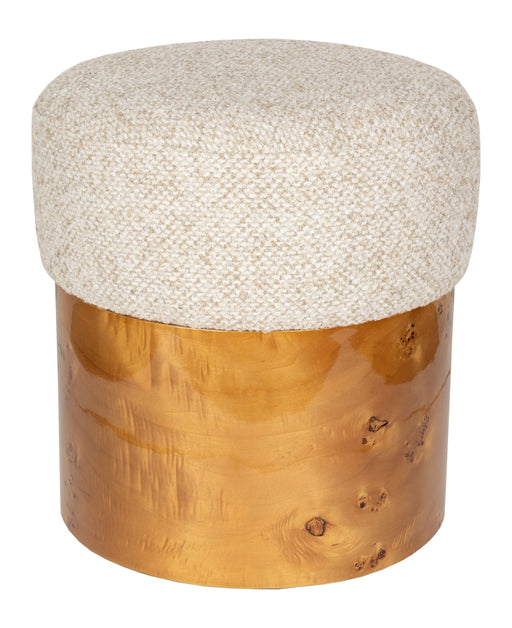 Holzhocker Burlin Beige mit beigefarbenem Polsterstoff und Eukalyptusholzgestell, Gesamtansicht.