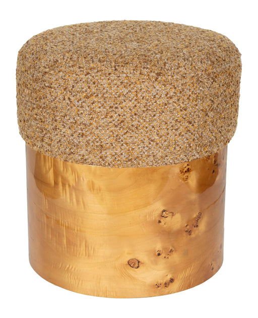 Hocker Burlin Dutchbone mit graubraunem Wollstoffpolster und rundem Eukalyptusholzgestell in Naturholzoptik, Gesamtansicht.