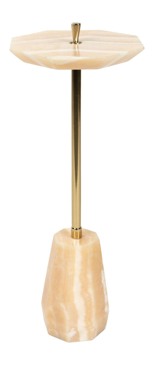 Beistelltisch Onno mit achteckiger Marmor-Tischplatte in Creme und goldenem Metallgestell, Gesamtansicht.
