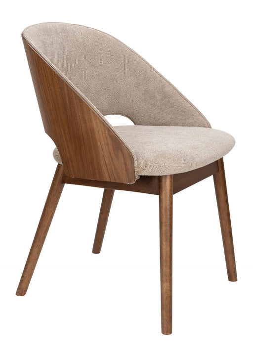 Esszimmerstuhl Velore Beige mit geschwungener Rückenlehne und Walnuss-Holzgestell in Gesamtansicht.