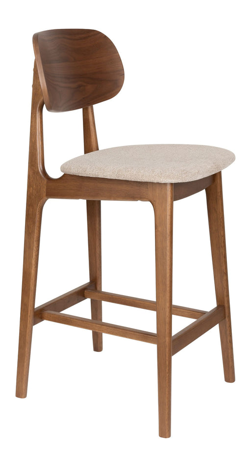 Barhocker Marais 2er-Set aus Gummibaumholz mit beigem Bezug, Dutchbone – Gesamtansicht mit geschwungener Rückenlehne und beigem Polstersitz.