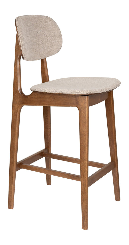 Barhocker Marais im 2er-Set in Beige mit Walnuss-Gestell, Gesamtansicht mit gepolsterter Sitzfläche und Rückenlehne.