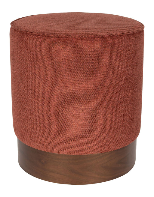 Hocker Bellevue Rot mit rundem Polstersitz und Holzgestell mit Nussbaumfurnier, Gesamtansicht.
