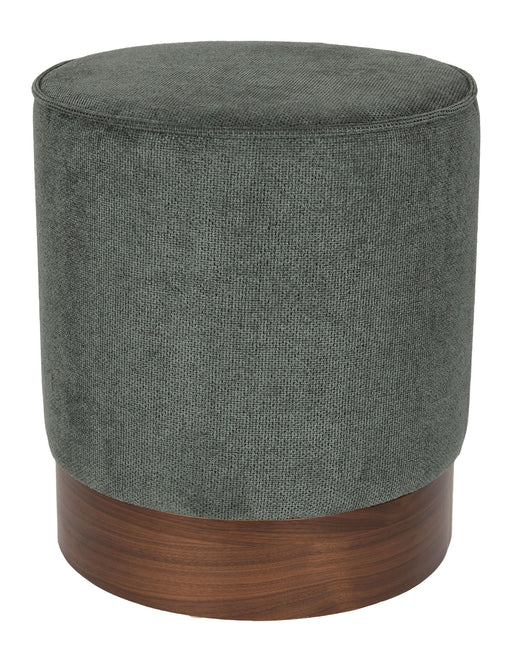 Hocker Bellevue von Dutchbone mit grünem Polsterstoff und Walnussholz-Sockel in Gesamtansicht.