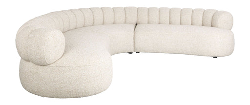 Sofa Duvane 7-Sitzer Beige, Gesamtansicht mit geschwungener Form und vertikalen Steppnähten auf den Armlehnen.