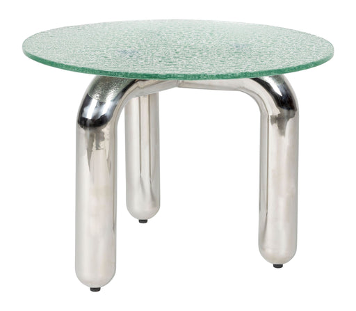 Beistelltisch Marly rund mit grüner Glasplatte und silbernem Metallgestell in Gesamtansicht.