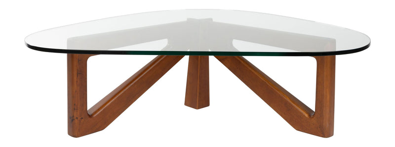Couchtisch Norwin mit organischer Glasplatte und Holzgestell