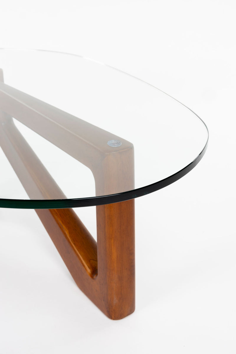 Couchtisch Norwin mit organischer Glasplatte und Holzgestell