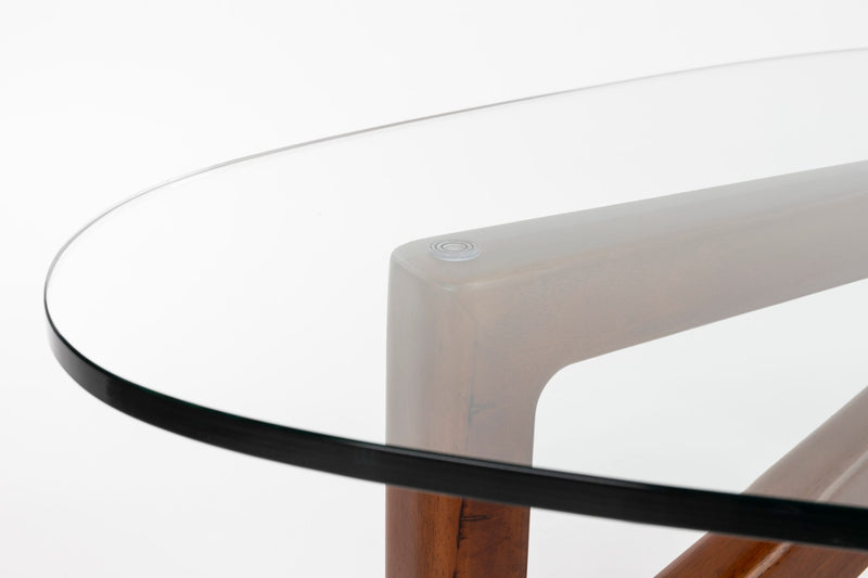 Couchtisch Norwin mit organischer Glasplatte und Holzgestell